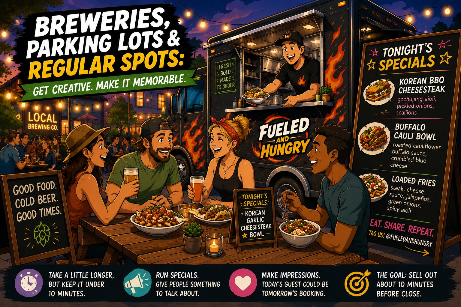 Cartoon of friends eating food truck meals with beers at a brewery patio at night, next to a chalkboard listing tonight's specials