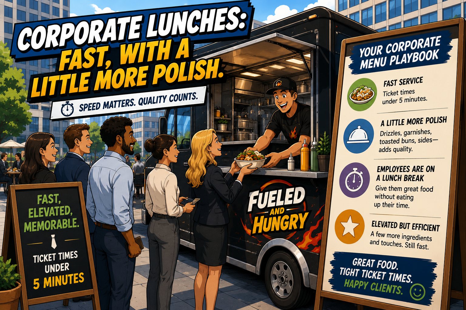 Cartoon of office workers in line at a food truck at lunch, with a corporate menu playbook sign listing fast service and elevated touches