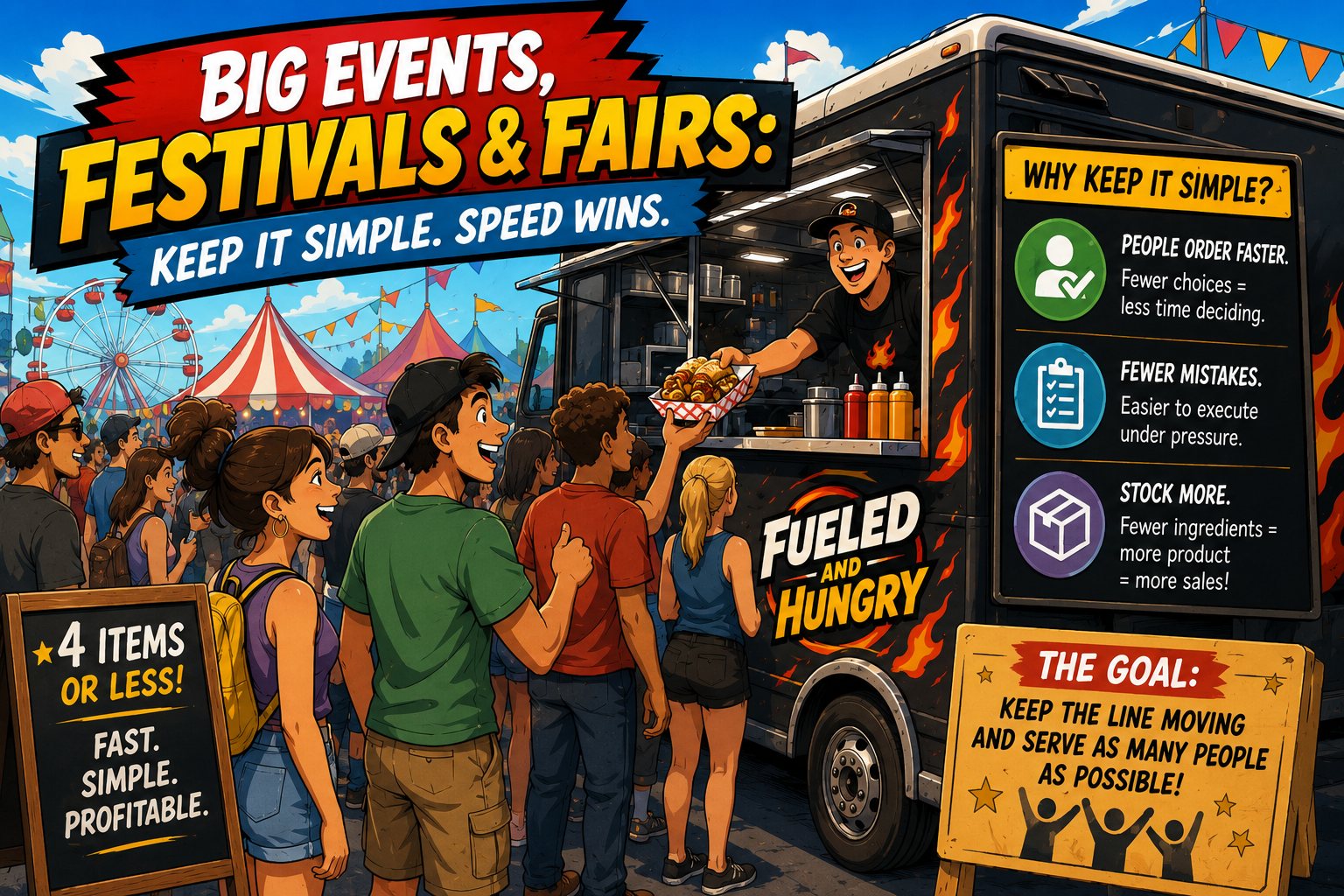 Cartoon of a busy festival food truck line moving fast, with signs reading 4 items or less and keep the line moving