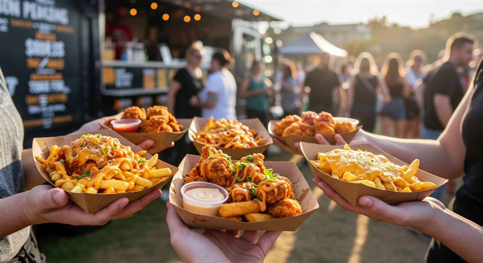 Festival guests holding trays of loaded fries and fried chicken in front of a food truck